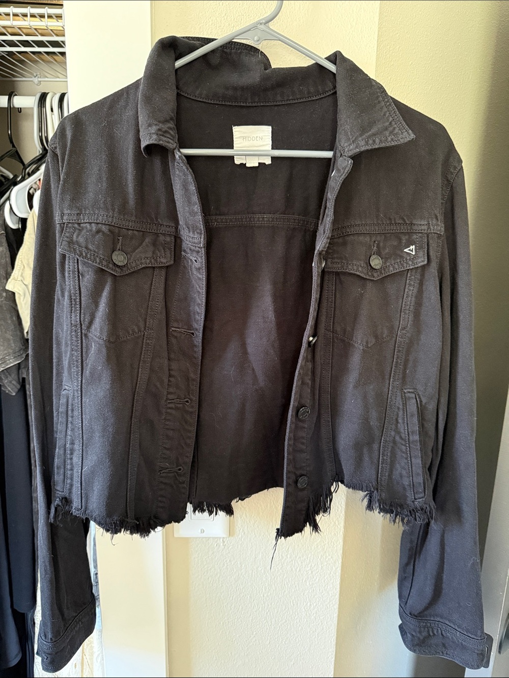 Crochet Distressed Black Cropped Jean Jacket by PRNDRN